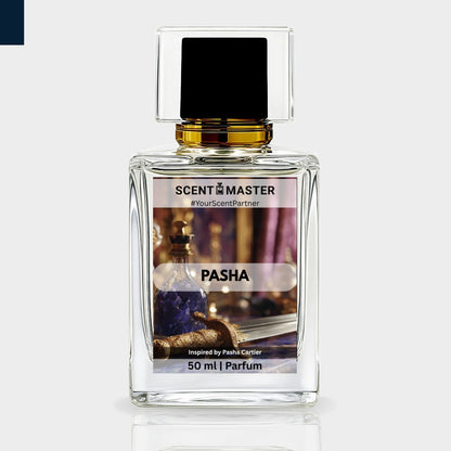 Perfume bottle labeled 'Pasha' by Scent Master on a light gray background