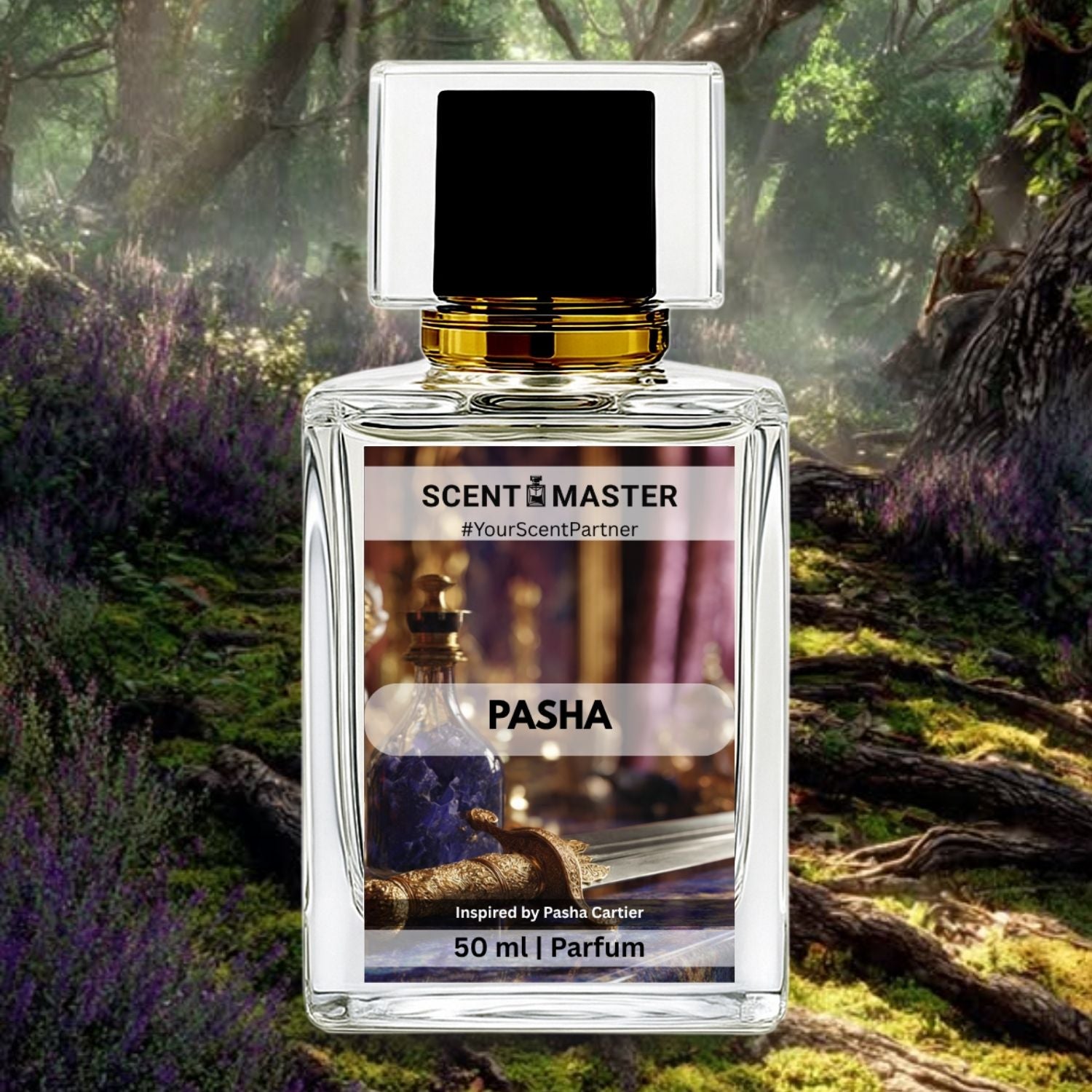 Perfume bottle labeled 'Scent Master Pasha' in a forest setting