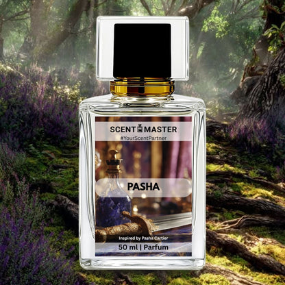 Perfume bottle labeled 'Scent Master Pasha' in a forest setting