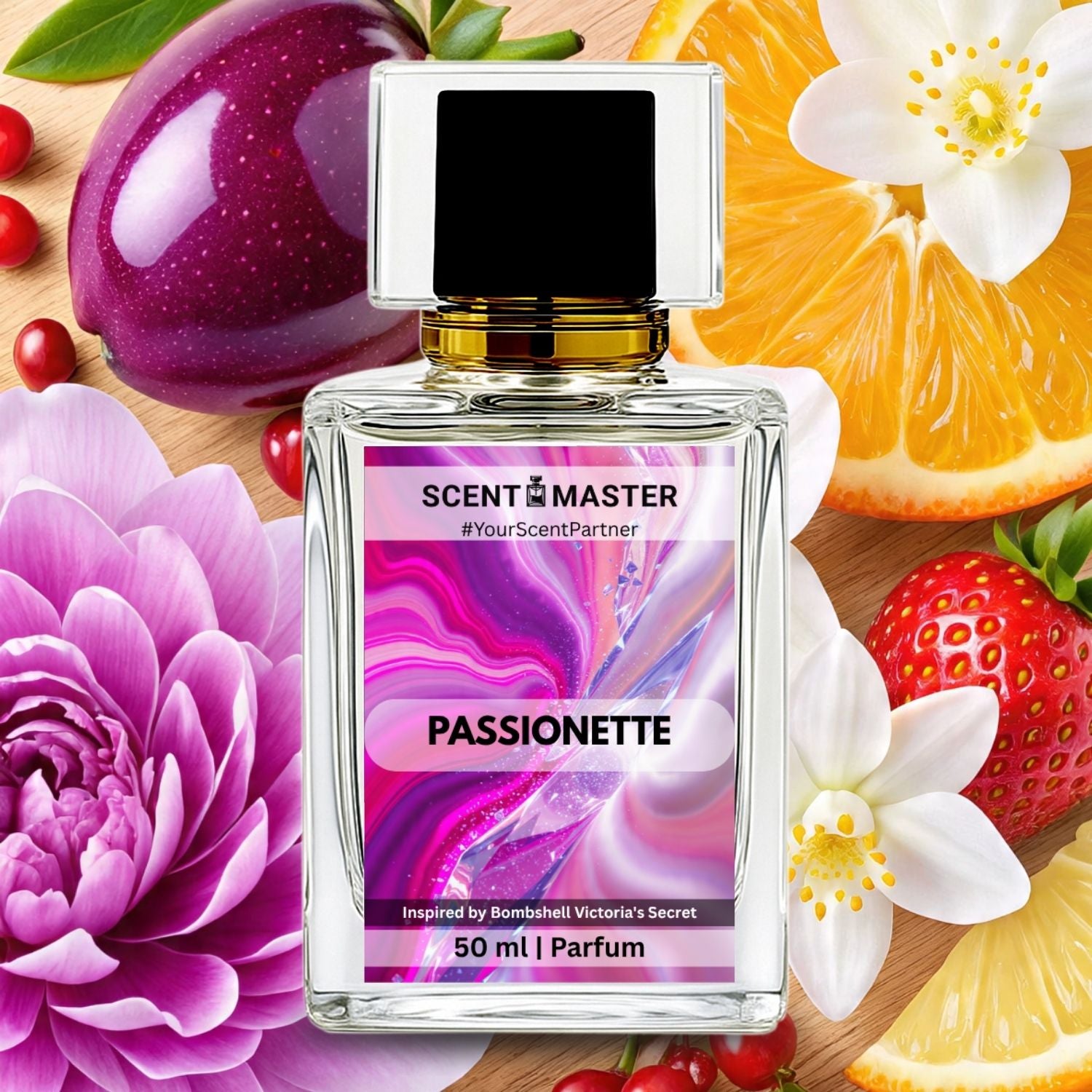 Scent Master Passionette perfume bottle surrounded by fruits and flowers