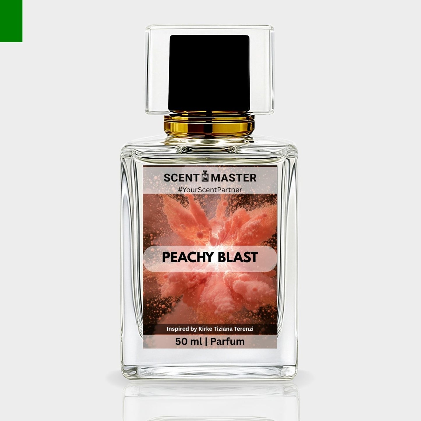 Perfume bottle labeled 'Peachy Blast' by Scent Master on a light gray background