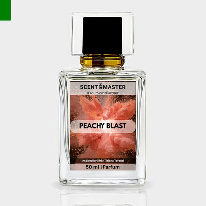 Perfume bottle labeled 'Peachy Blast' by Scent Master on a light gray background