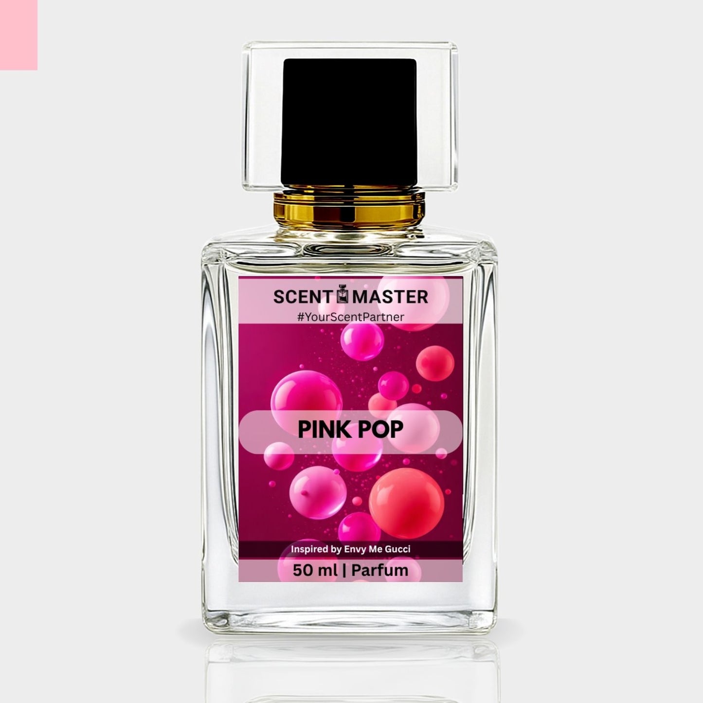 Perfume bottle labeled 'Pink Pop' by Scent Master on a light gray background
