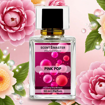Perfume bottle labeled 'Pink Pop' by Scent Master with floral decorations on a pink background