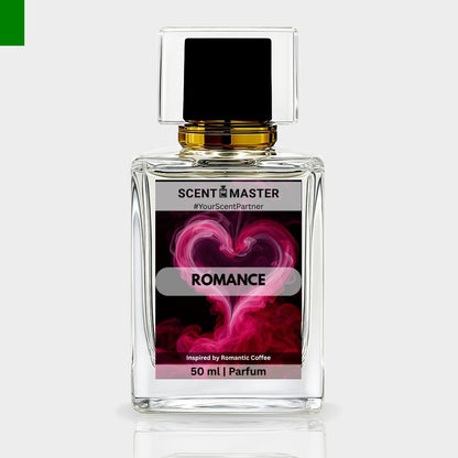 Perfume bottle labeled 'Romance' by Scent Master on a light gray background
