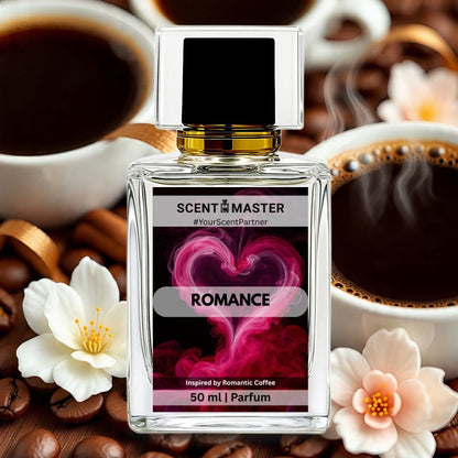 Perfume bottle labeled 'Scent Master Romance' with coffee cups and flowers in the background