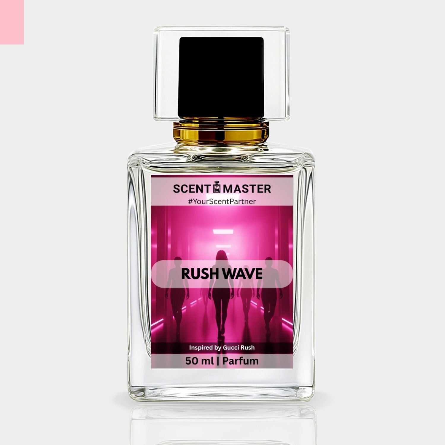 Perfume bottle labeled 'Rush Wave' by Scent Master on a light gray background