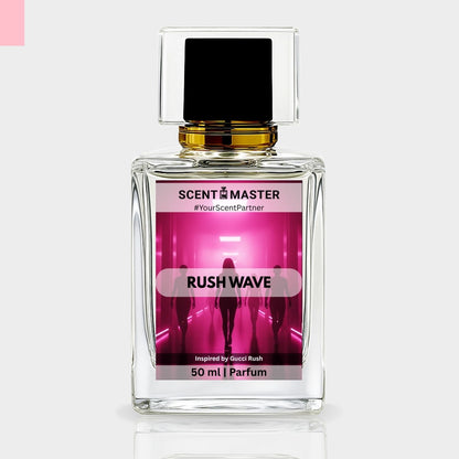 Perfume bottle labeled 'Rush Wave' by Scent Master on a light gray background