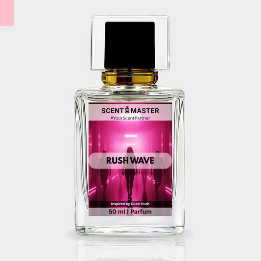 Perfume bottle labeled 'Rush Wave' by Scent Master on a light gray background
