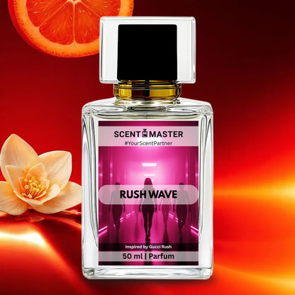 Perfume bottle labeled 'Scent Master Rush Wave' with a flower and orange slice on a red background