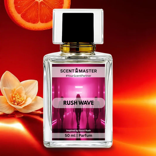Perfume bottle labeled 'Scent Master Rush Wave' with a flower and orange slice on a red background