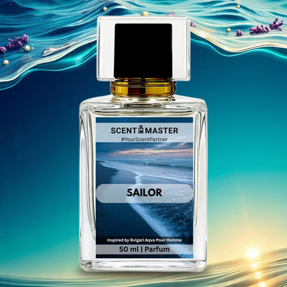 Perfume bottle labeled 'Scent Master Sailor' with beach design on label against a water-themed background