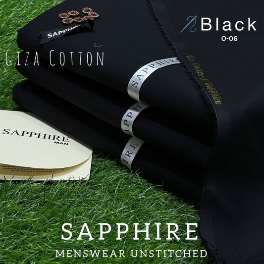 Sapphire Pure Super Luxury Soft Giza Cotton Unstitched Suit for Men | Black | O-06