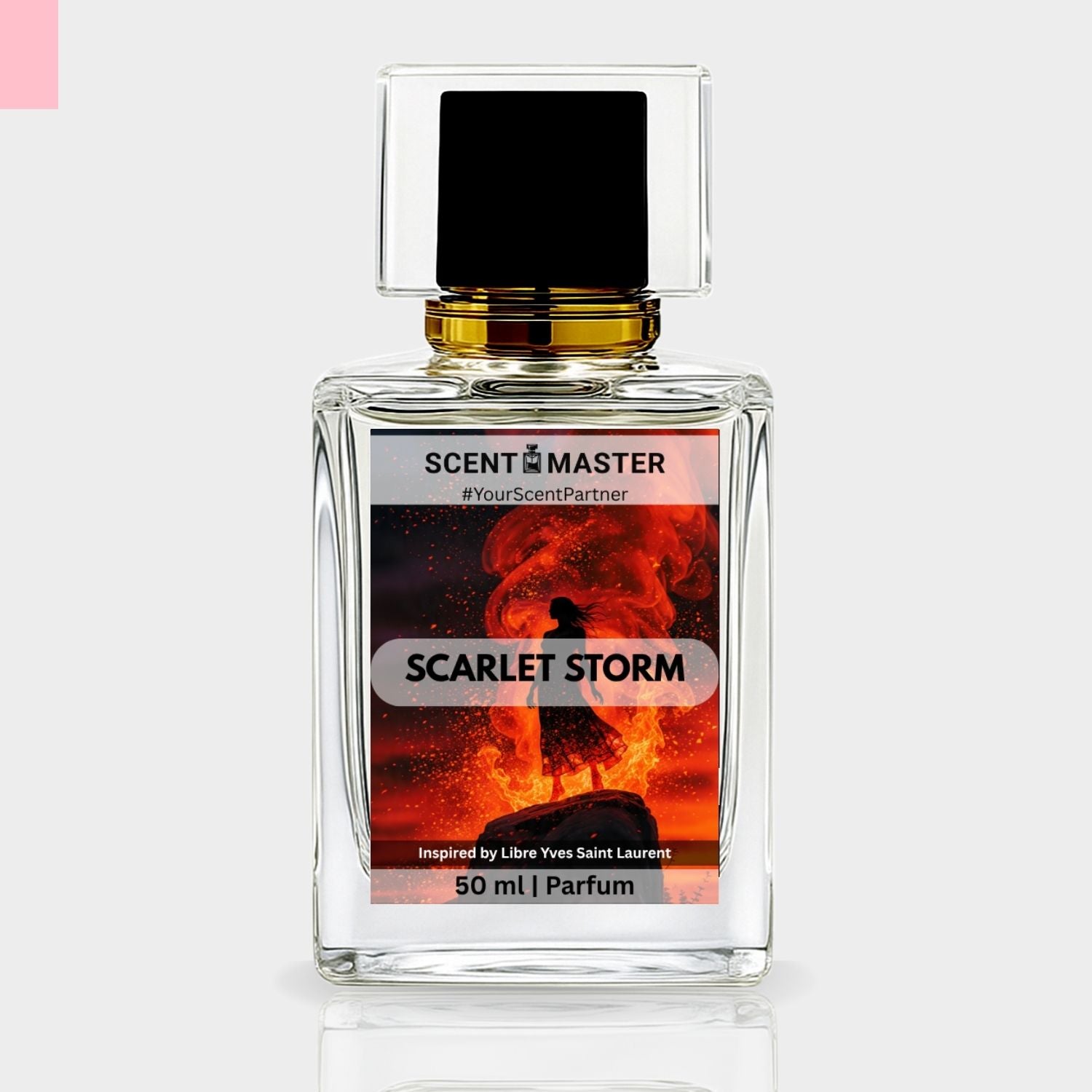 Perfume bottle labeled 'Scarlet Storm' by Scent Master on a light gray background