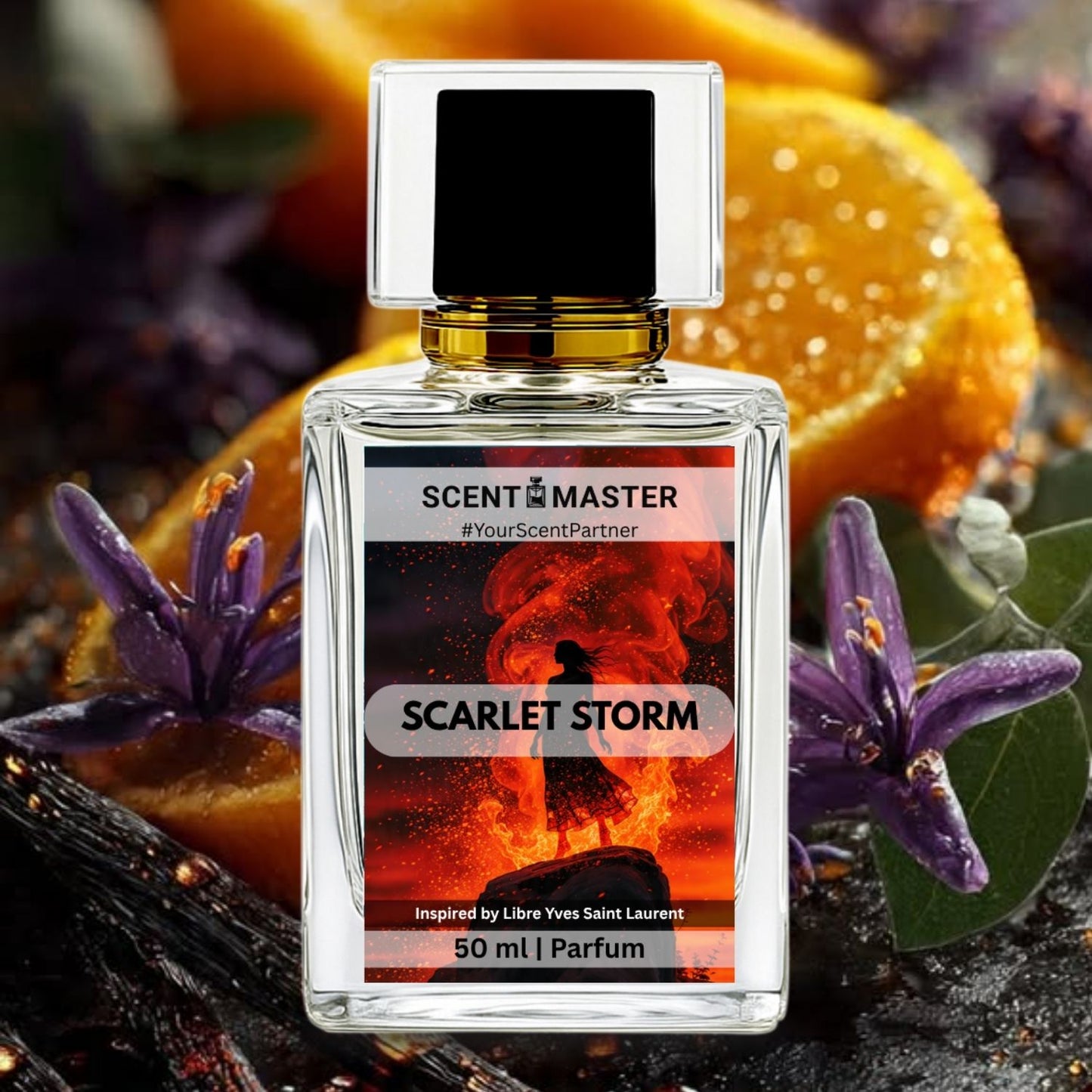 Perfume bottle labeled 'Scarlet Storm' by Scent Master with oranges and flowers in the background