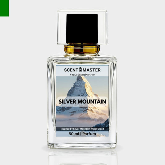 Perfume bottle labeled 'Silver Mountain' by Scent Master on a light gray background