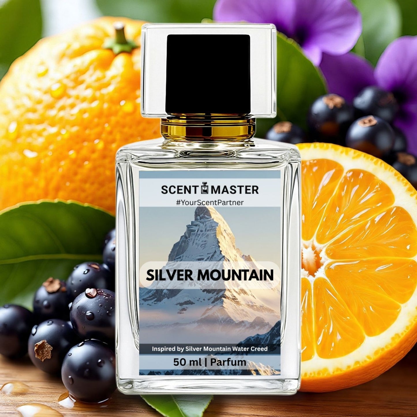 Parfum bottle labeled 'Silver Mountain' with oranges and berries on a wooden surface