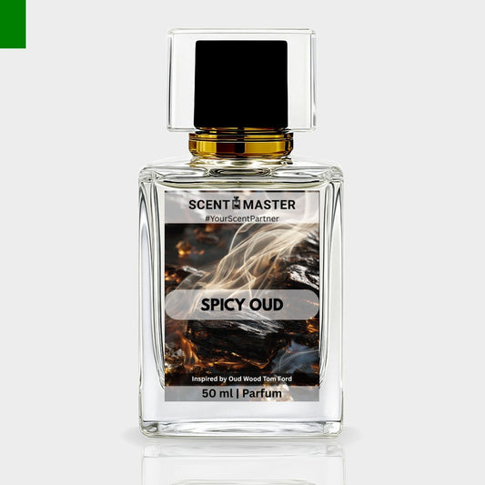 Perfume bottle labeled 'Spicy Oud' by Scent Master on a light gray background