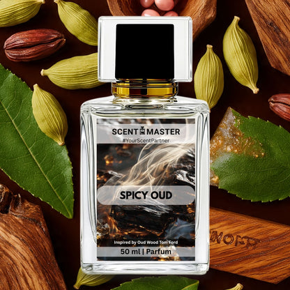 Perfume bottle labeled 'Spicy Oud' surrounded by spices and leaves on a dark background