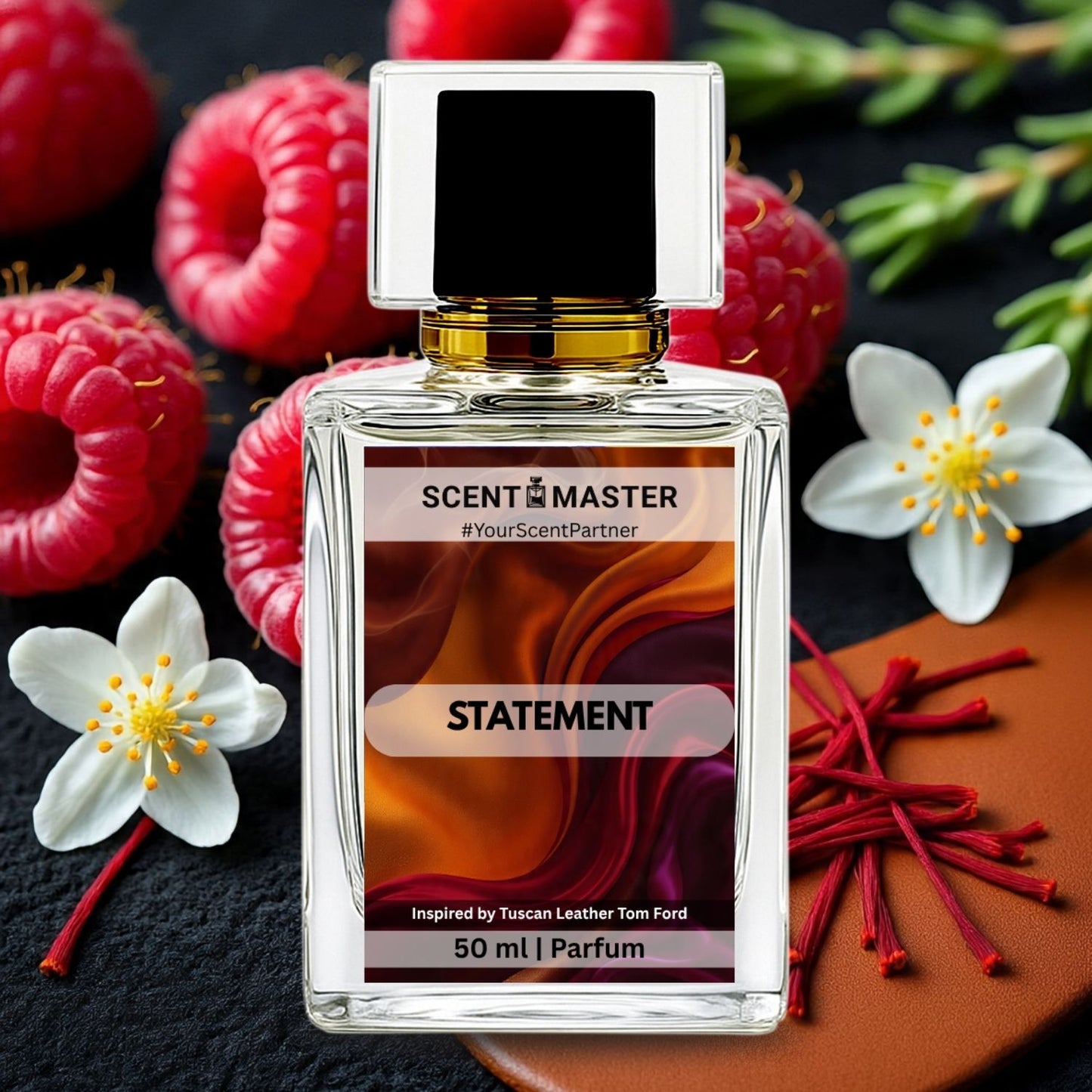 Perfume bottle labeled 'Scent Master' with raspberries and flowers on a dark background