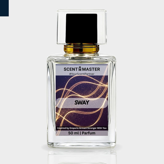 Perfume bottle labeled 'Sway' by Scent Master on a white background