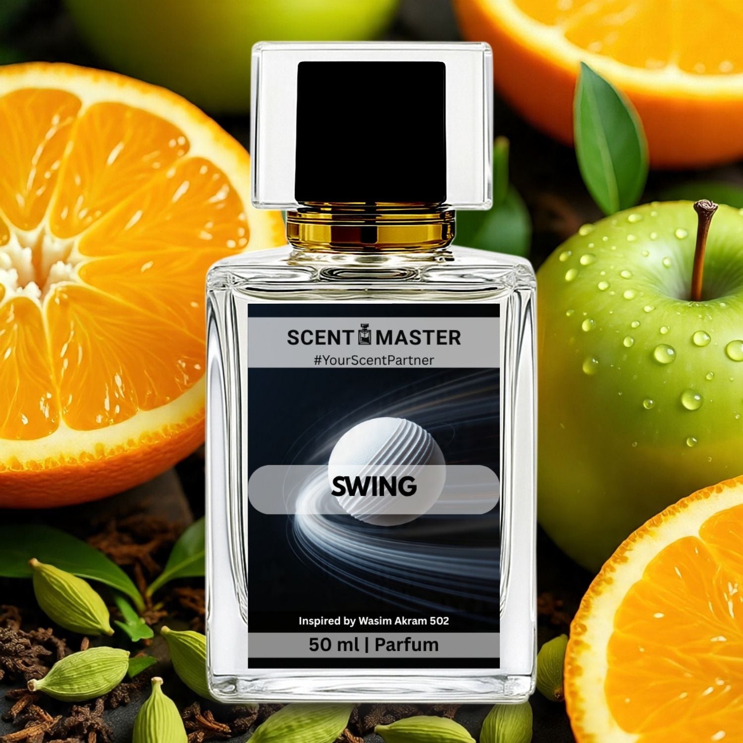 Perfume bottle labeled 'Scent Master Swing' surrounded by oranges and apples