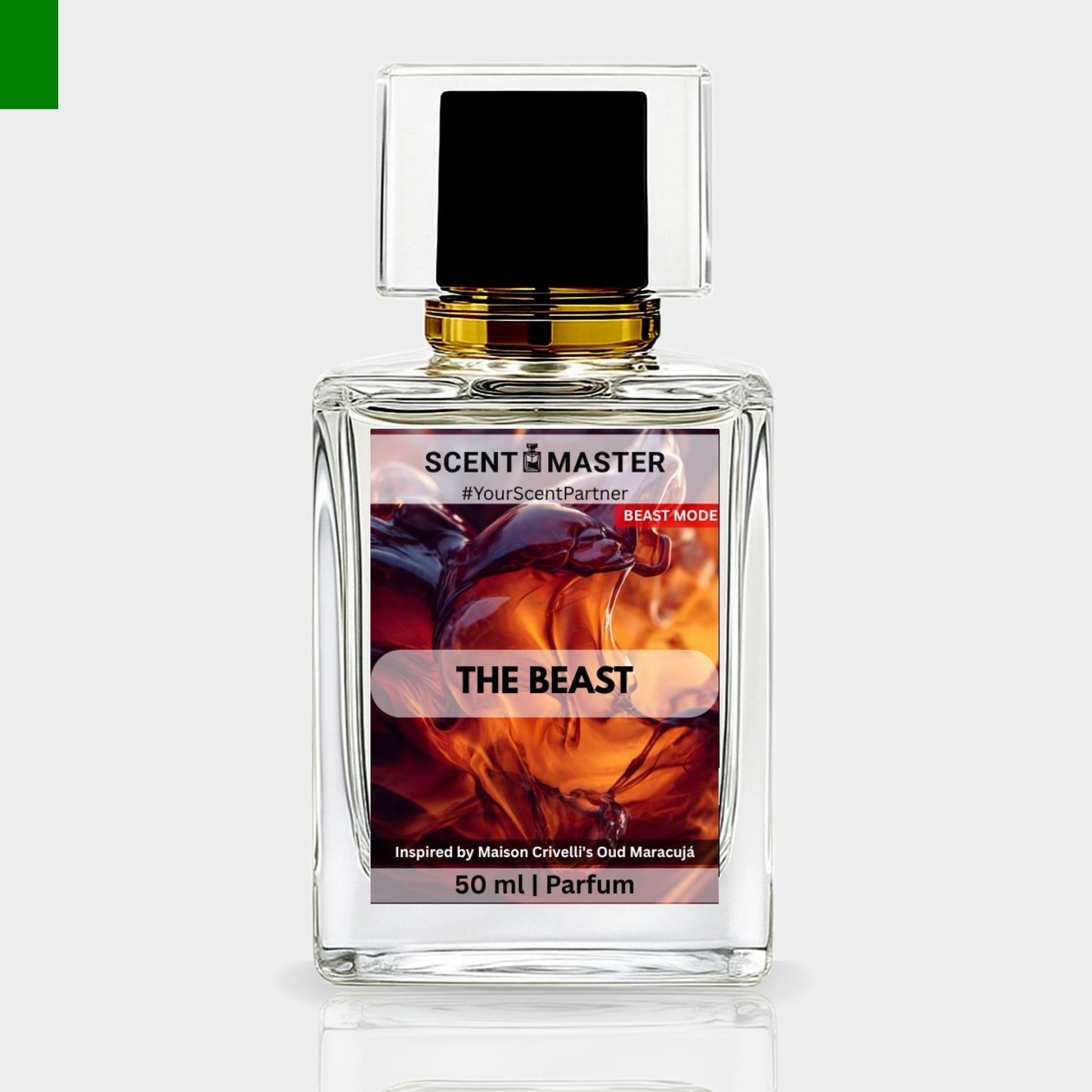 Perfume bottle labeled 'The Beast' by Scent Master on a light gray background