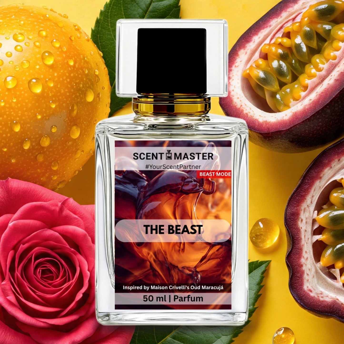 Scent Master 'The Beast' perfume bottle surrounded by fruits and flowers on a yellow background