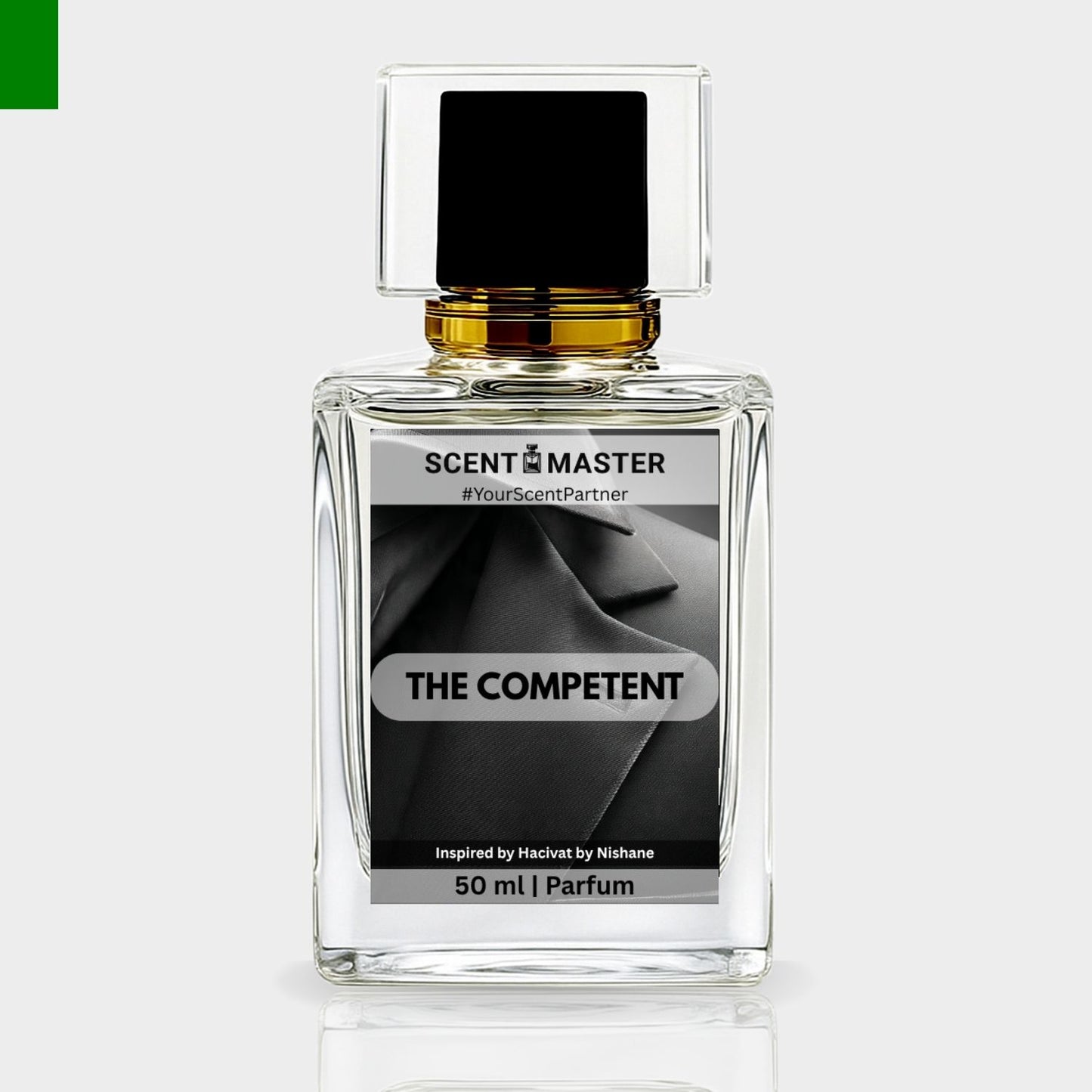Perfume bottle labeled 'The Competent' by Scent Master on a light gray background