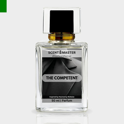 Perfume bottle labeled 'The Competent' by Scent Master on a light gray background