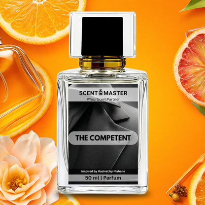 Perfume bottle labeled 'The Competent' by Scent Master on an orange background with floral and fruit elements.