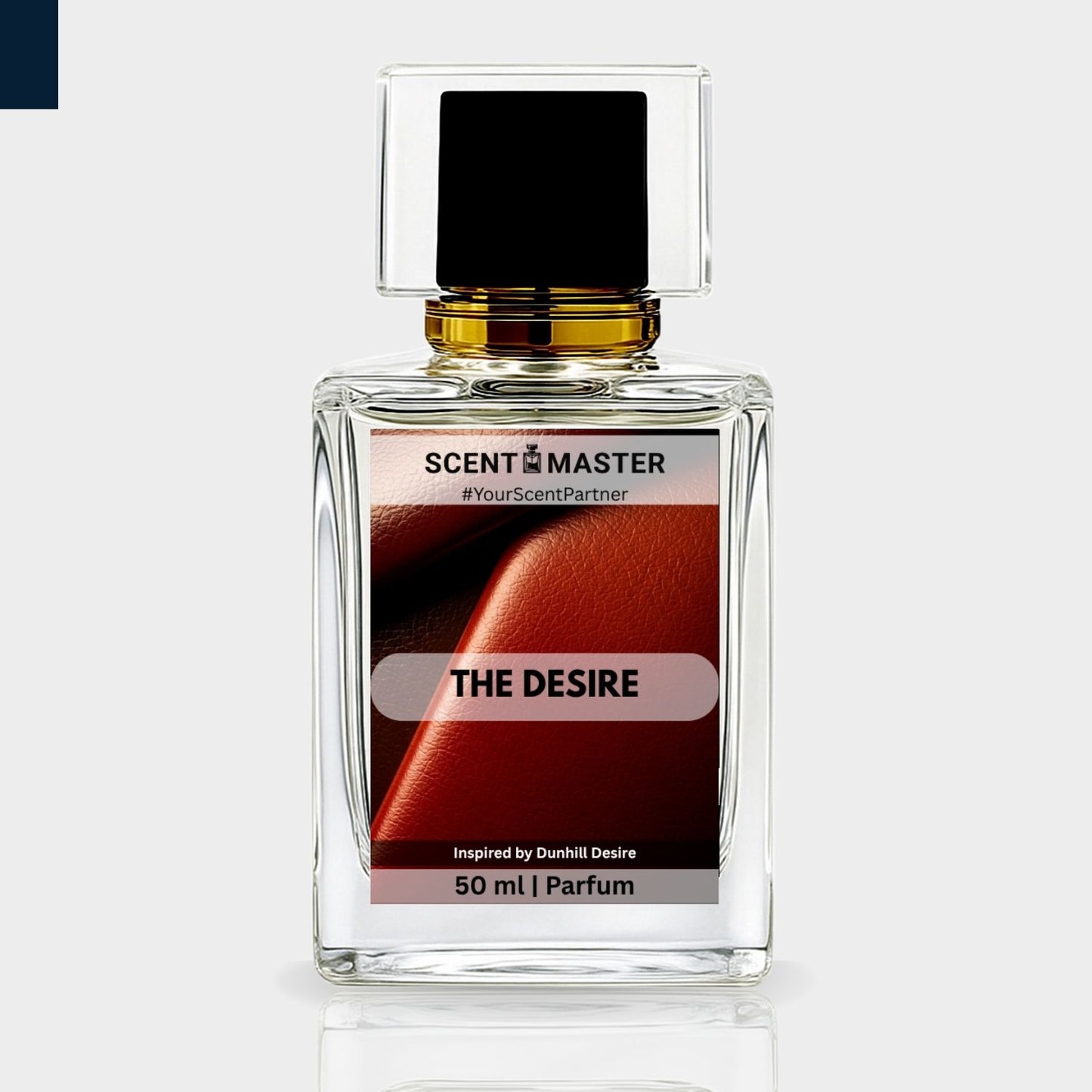 Perfume bottle labeled 'The Desire' by Scent Master on a light gray background