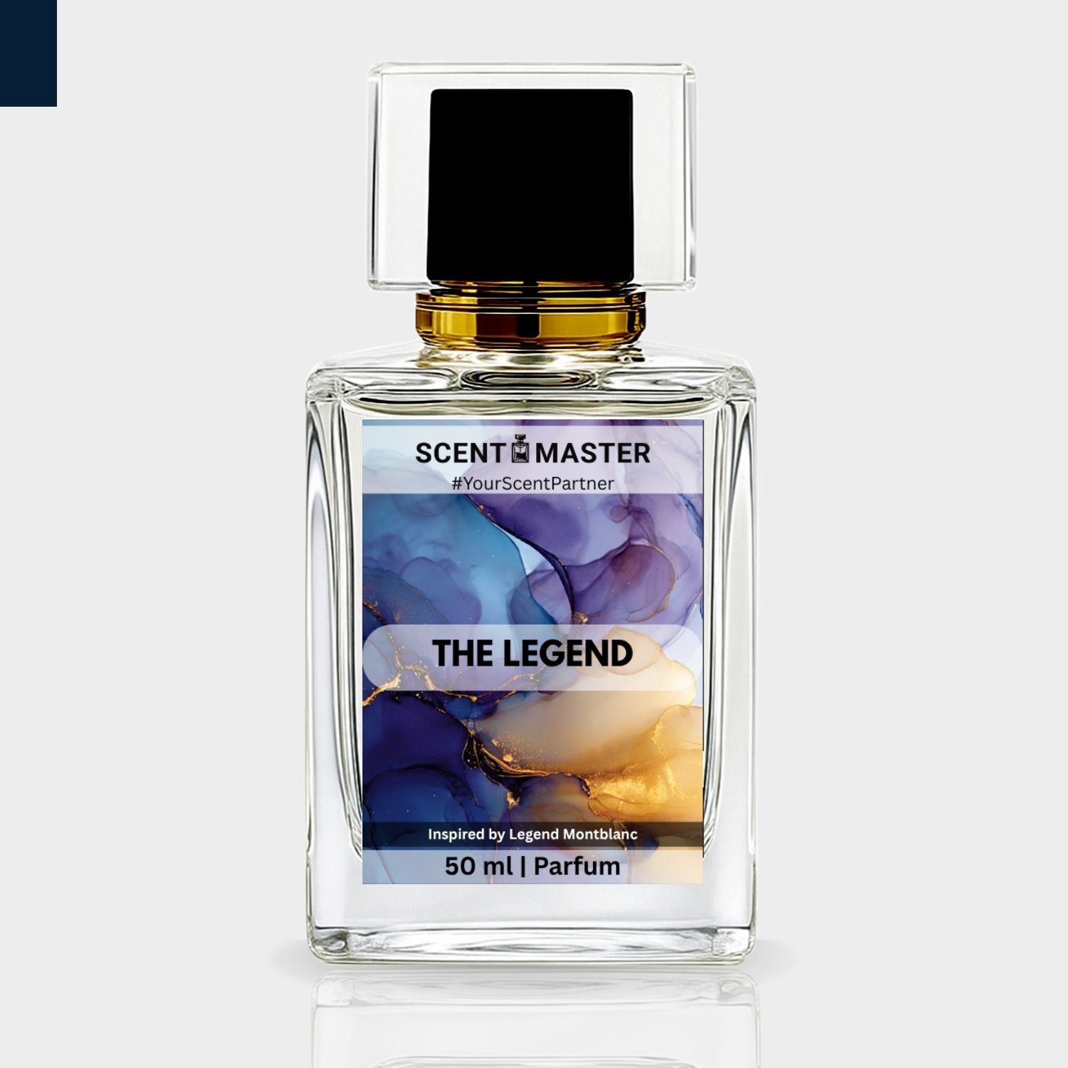 Perfume bottle labeled 'The Legend' by Scent Master on a light gray background