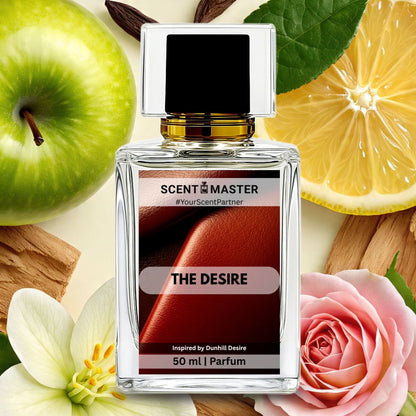 Perfume bottle labeled 'The Desire' surrounded by fruits, flowers, and leaves on a light background
