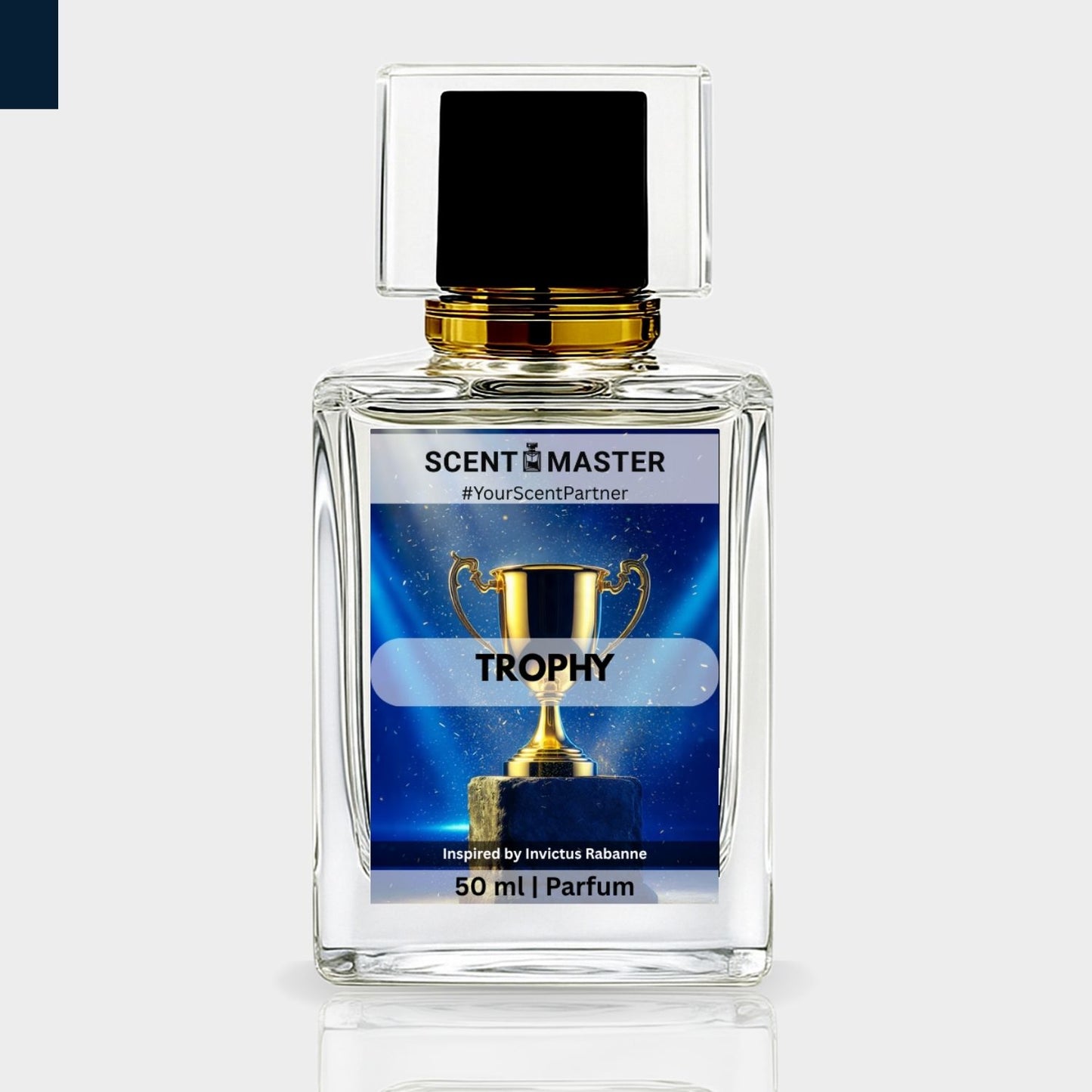 Perfume bottle labeled 'Trophy' by Scent Master on a light gray background