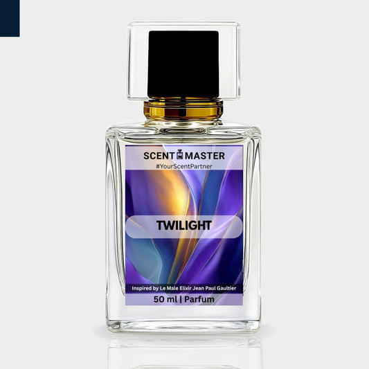 Perfume bottle labeled 'Twilight' by Scent Master on a white background