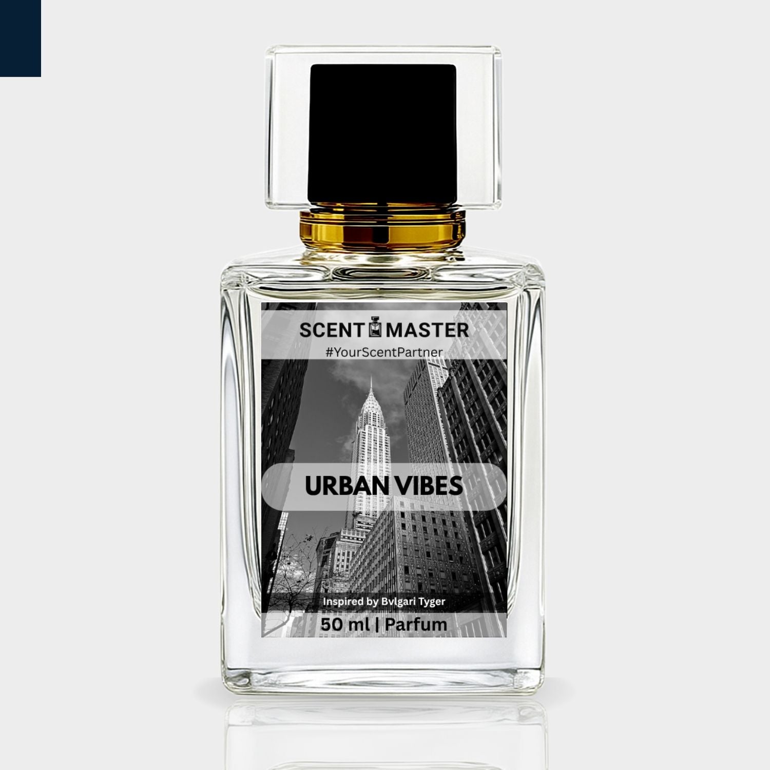 Perfume bottle labeled 'Urban Vibes' by Scent Master on a light gray background