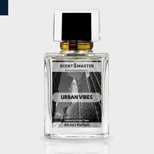 Perfume bottle labeled 'Urban Vibes' by Scent Master on a light gray background