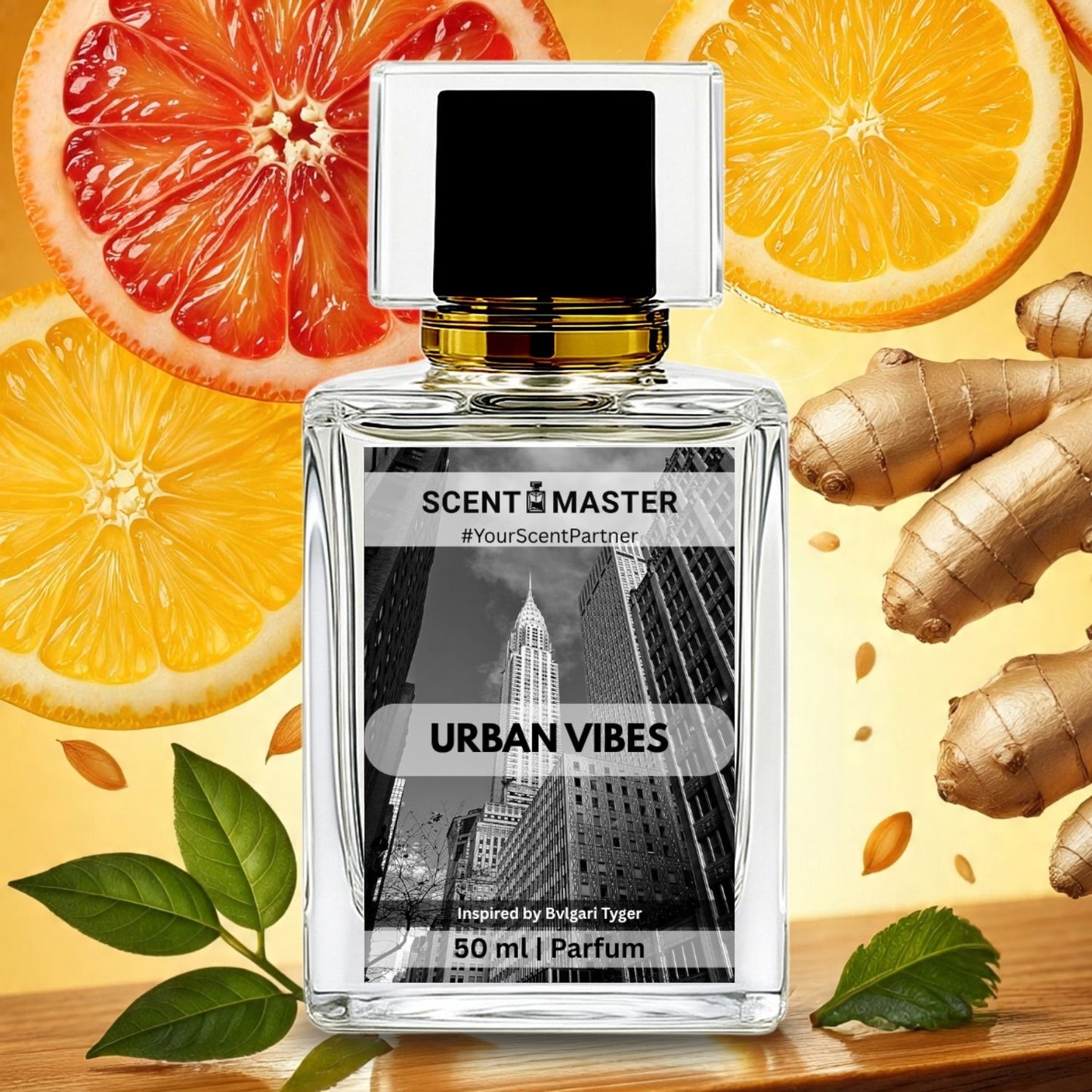 Perfume bottle labeled 'Urban Vibes' with citrus fruits and ginger on a wooden surface