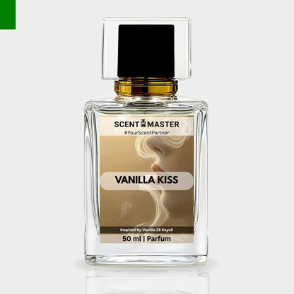 Perfume bottle labeled 'Vanilla Kiss' by Scent Master on a light gray background
