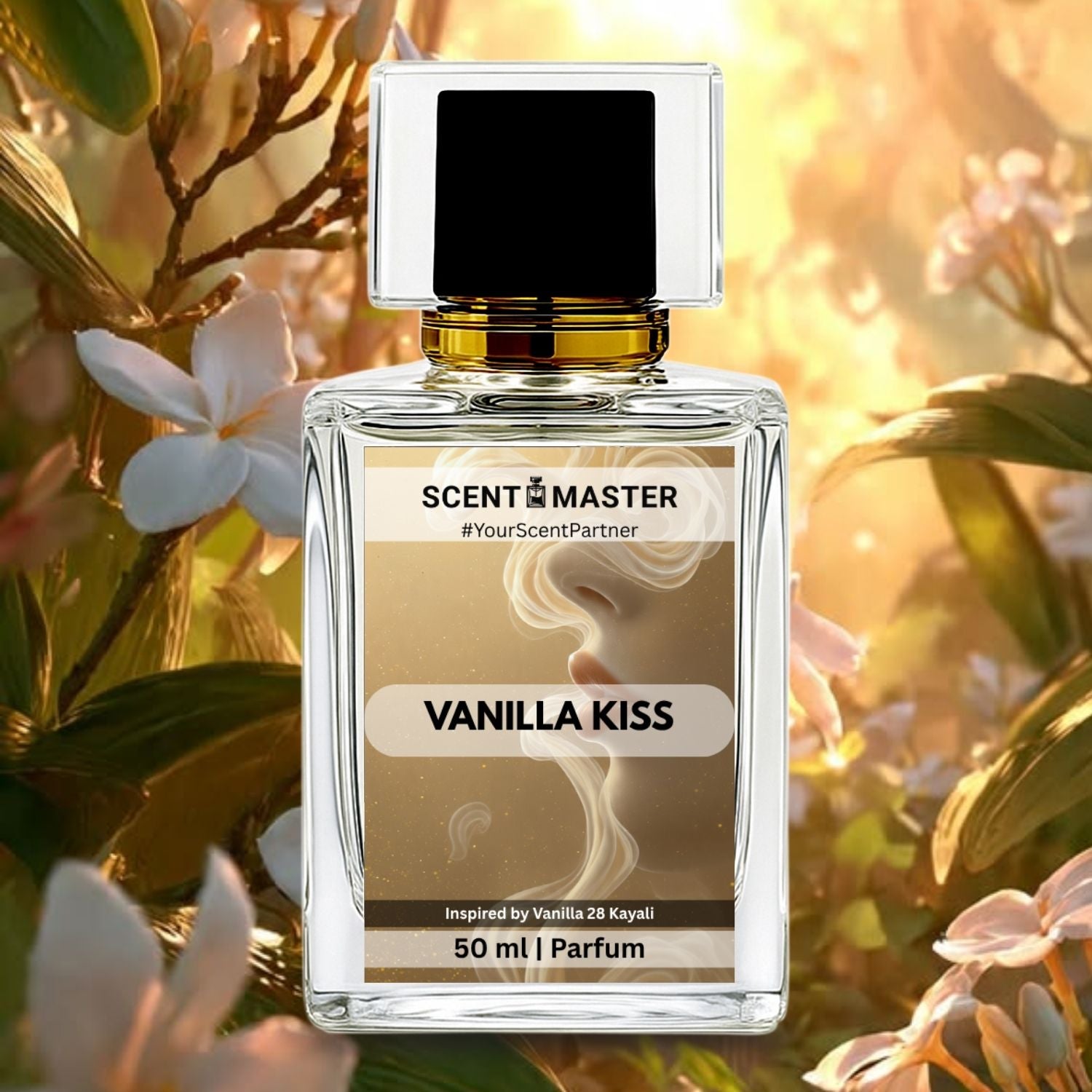 Perfume bottle labeled 'Vanilla Kiss' by Scent Master with floral background