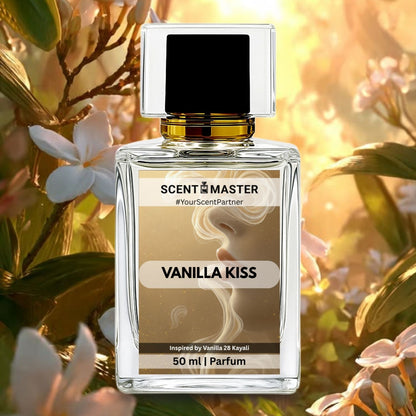 Perfume bottle labeled 'Vanilla Kiss' by Scent Master with floral background