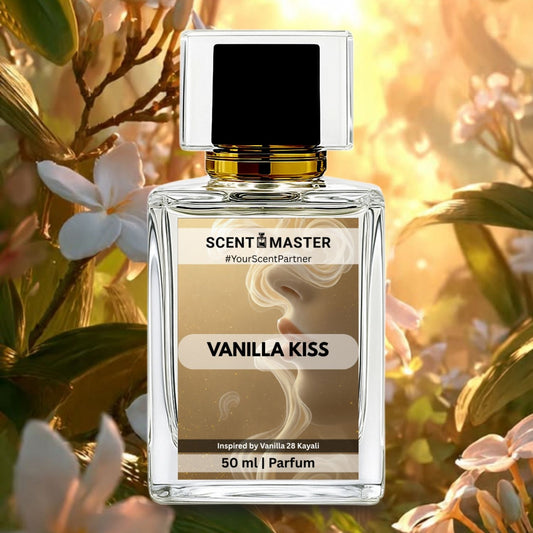Perfume bottle labeled 'Vanilla Kiss' by Scent Master with floral background