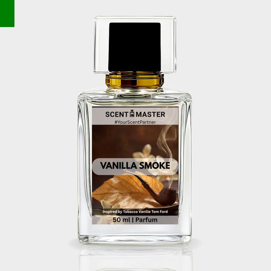 Perfume bottle labeled 'Vanilla Smoke' by Scent Master on a white background