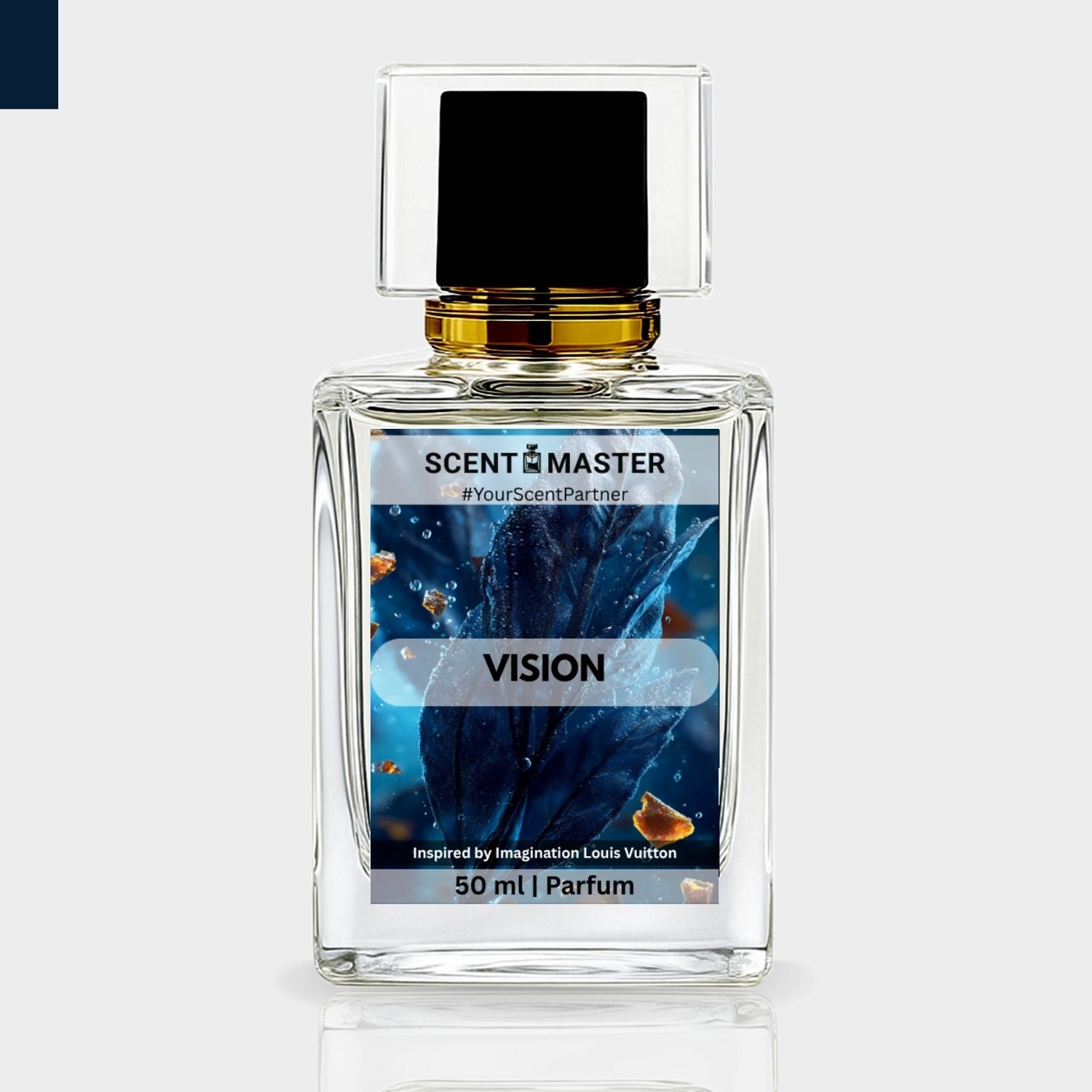 Perfume bottle labeled 'Vision' by Scent Master on a light gray background