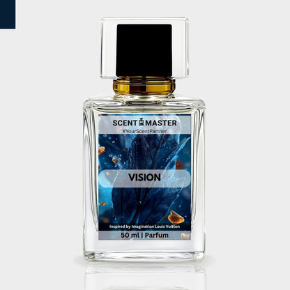 Perfume bottle labeled 'Vision' by Scent Master on a light gray background
