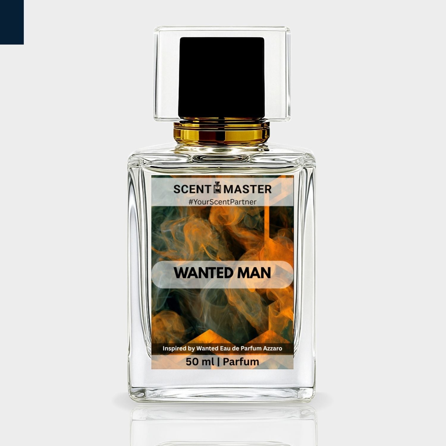 Perfume bottle labeled 'Wanted Man' by Scent Master on a light gray background