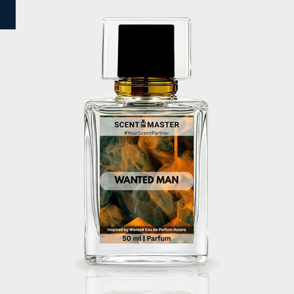 Perfume bottle labeled 'Wanted Man' by Scent Master on a light gray background