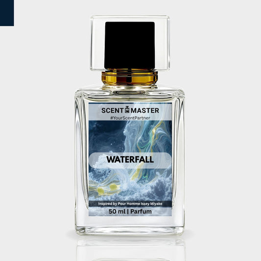 Perfume bottle labeled 'Waterfall' by Scent Master on a light gray background