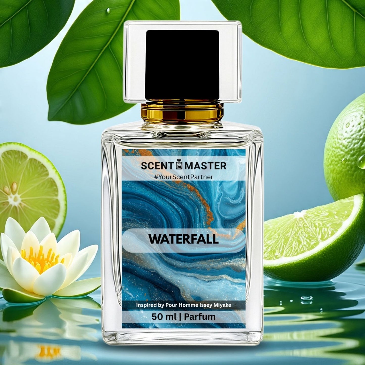 Perfume bottle labeled 'Scent Master Waterfall' with limes and a waterlily on a blue background